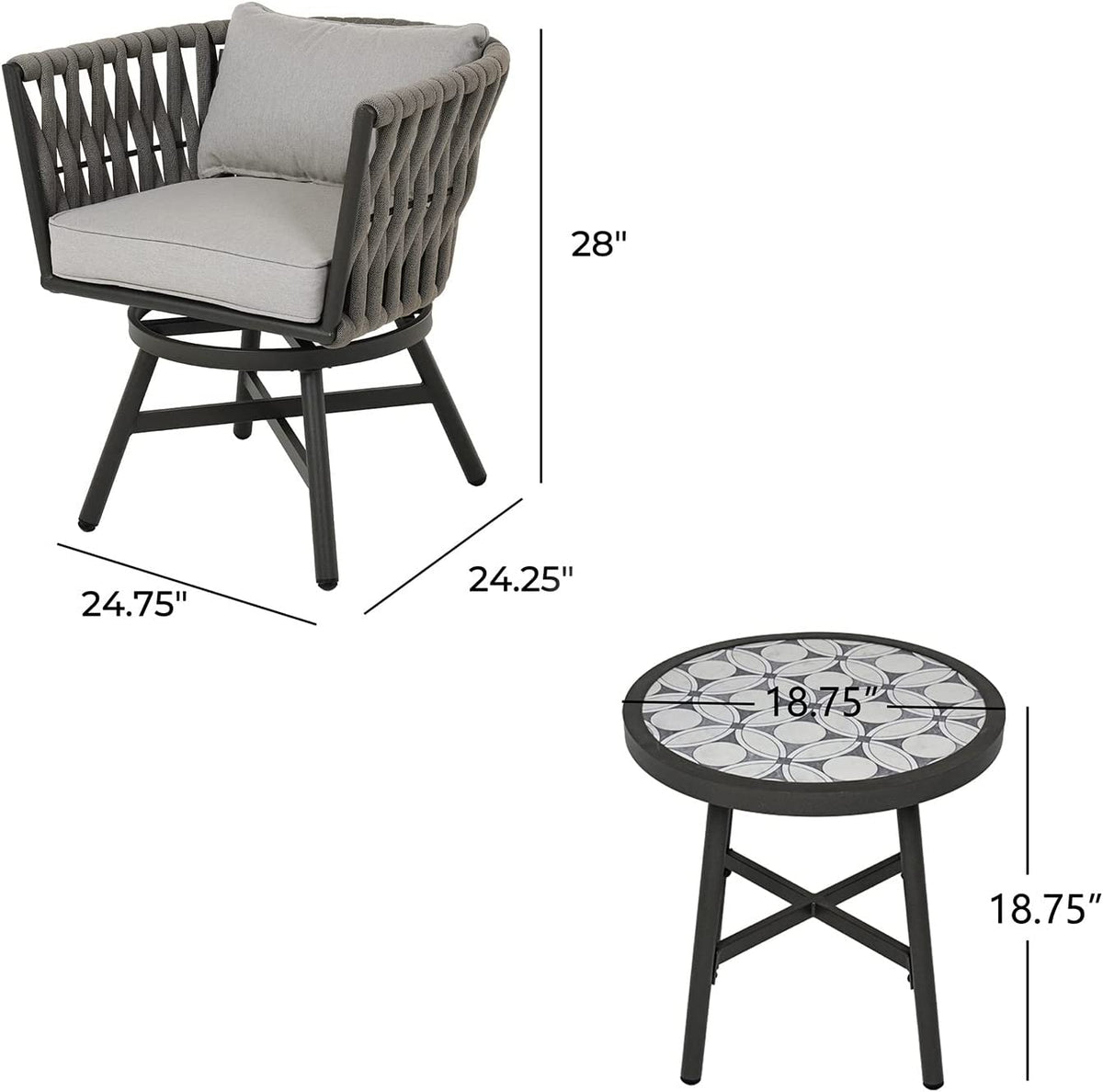 LOUNGE YARD Dining Chair Set of 3, Swivel Rope Armchairs with Cushions and Round Side Table with Tile Tabletop — product view 2
