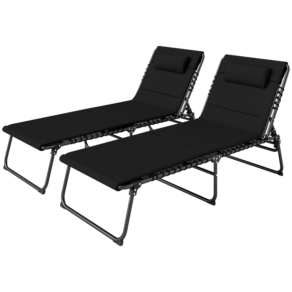 Set of 2 Folding Sun Loungers with Headrest & Side Pocket, Black — product view 2