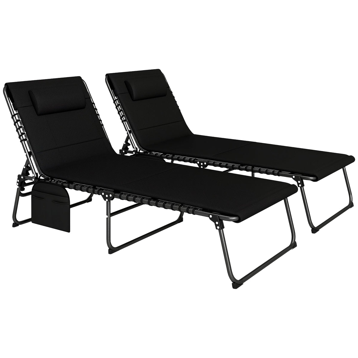 Set of 2 Folding Sun Loungers with Headrest & Side Pocket, Black — product view 1