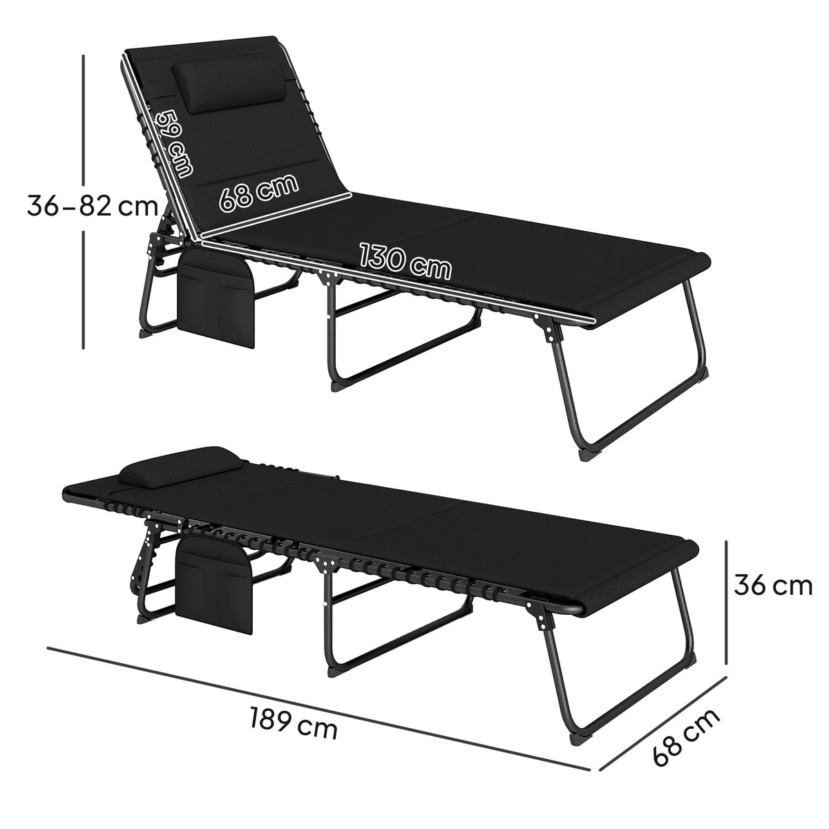 Set of 2 Folding Sun Loungers with Headrest & Side Pocket, Black — product view 5