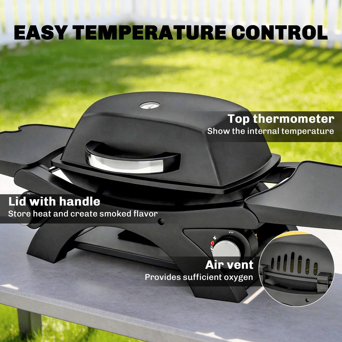2 Burner Gas Grill with 2 Side Tables and Cast Iron Grates, Black — product view 7