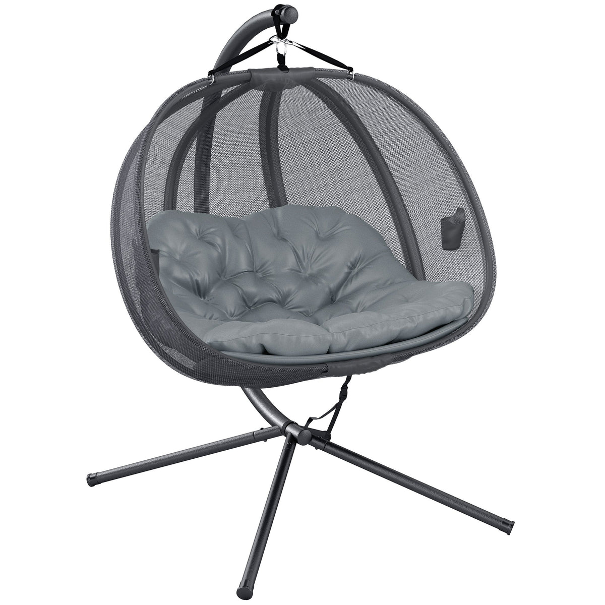 Double Egg Chair with Stand, 2 Person Hanging Swing Egg Chair Outdoor Indoor, 528 LBS Capacity Loveseat Hammock Swing with Cushion, Pockets, Grey — product view 1