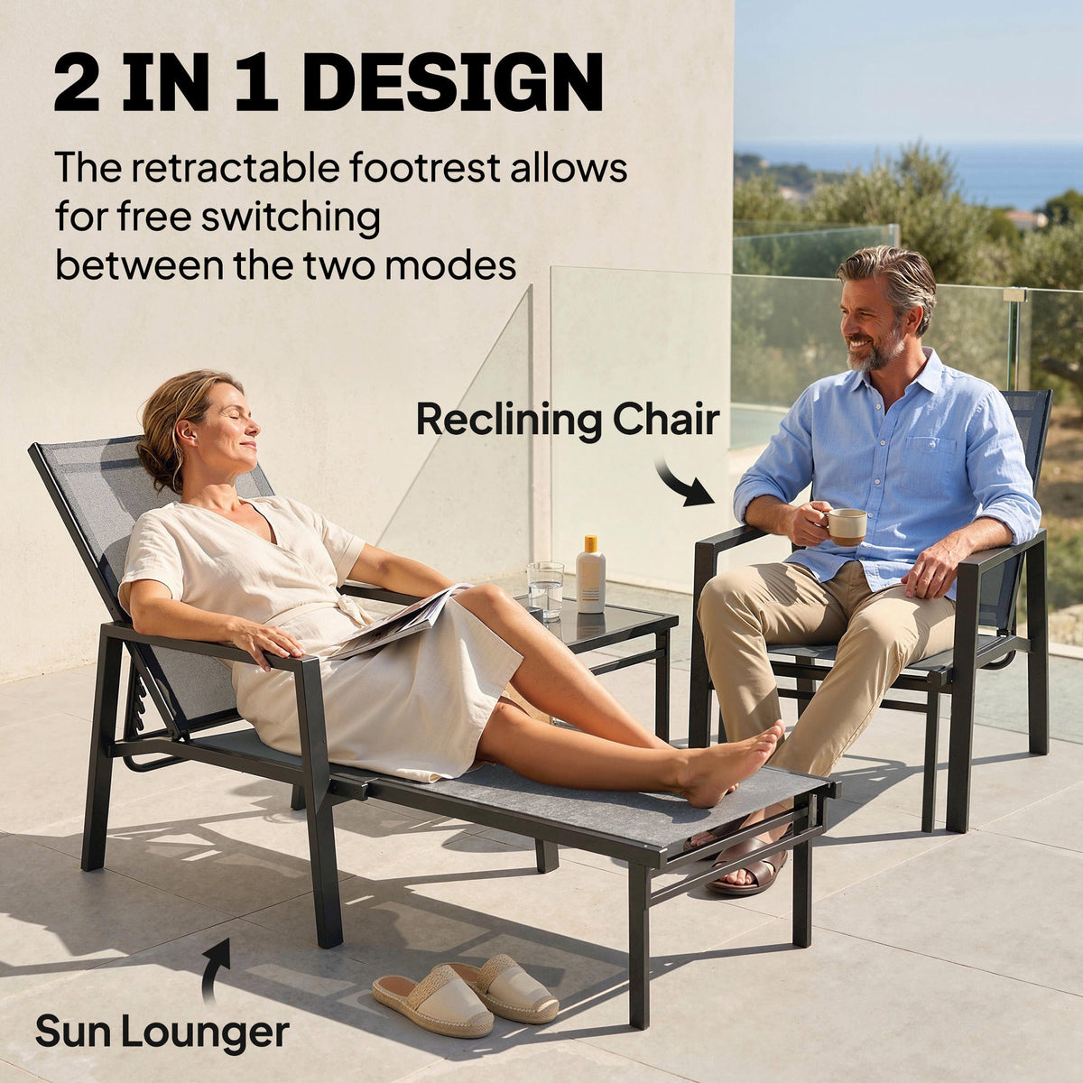 Set of 2 Sun Loungers, 5-Position Recline with Retractable Footrests, Dark Grey — product view 6