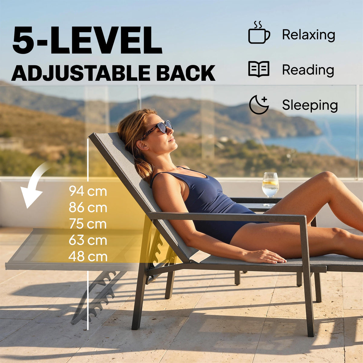 Set of 2 Sun Loungers, 5-Position Recline with Retractable Footrests, Dark Grey — product view 7
