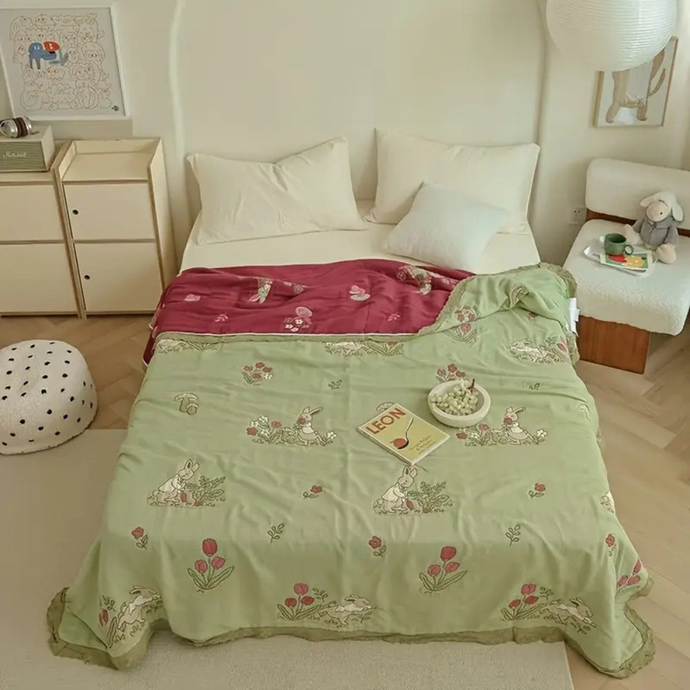 LoungeYard | Embroidered Bunny Floral Cotton Blanket — product view 1