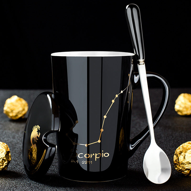 12 Constellations Black Ceramic Mug with Lid Spoon | LoungeYard — product view 6
