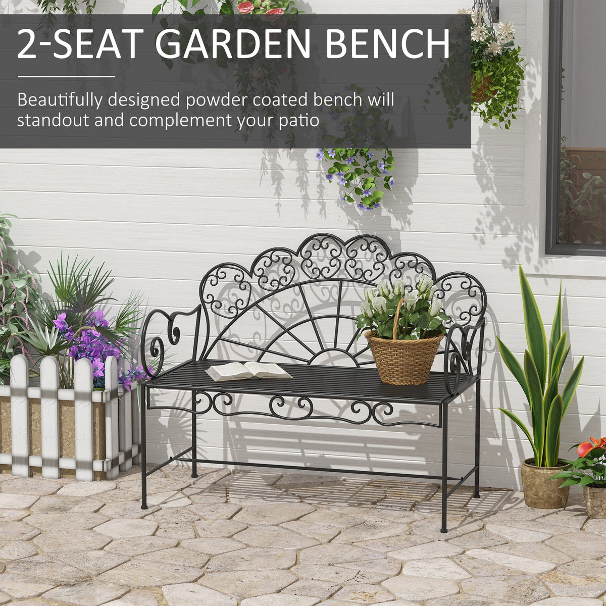 2 Seater Metal Garden Bench, 107 x 55.5 x 92 cm, Black — product view 6