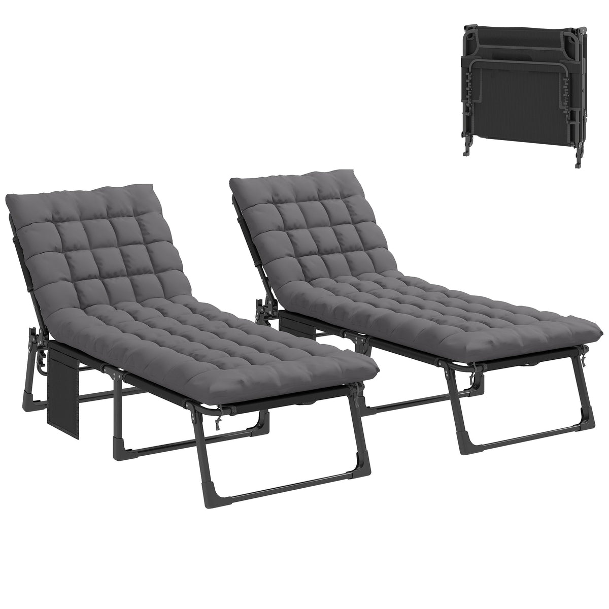 2 Piece Reclining Outdoor Chaise Lounge Chairs with Cushions, Dark Gray — product view 2
