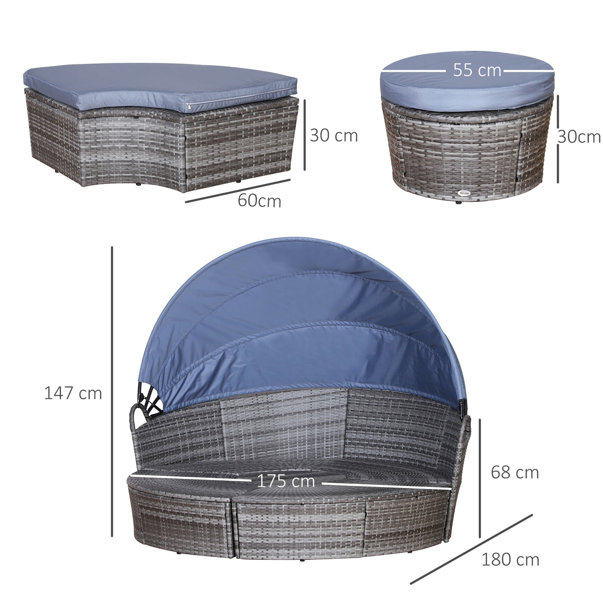 Round PE Rattan Daybed Set with Retractable Canopy, Table & Pillows, Grey/Blue Grey — product view 5