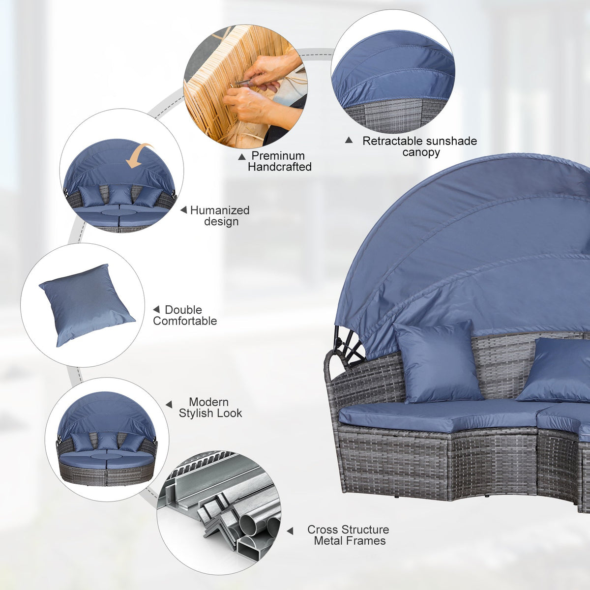Round PE Rattan Daybed Set with Retractable Canopy, Table & Pillows, Grey/Blue Grey — product view 7