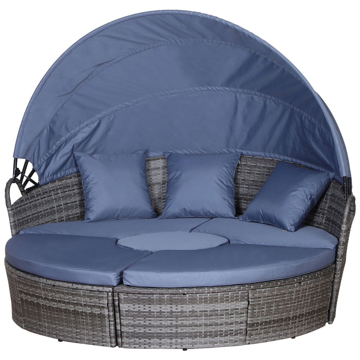 Round PE Rattan Daybed Set with Retractable Canopy, Table & Pillows, Grey/Blue Grey — product view 1