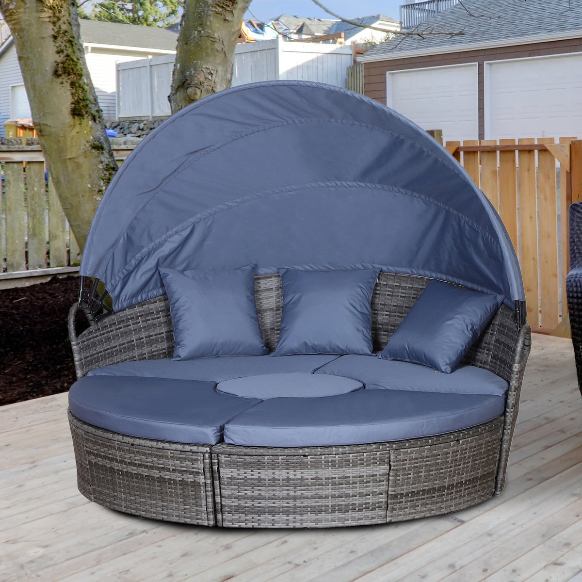 Round PE Rattan Daybed Set with Retractable Canopy, Table & Pillows, Grey/Blue Grey — product view 4