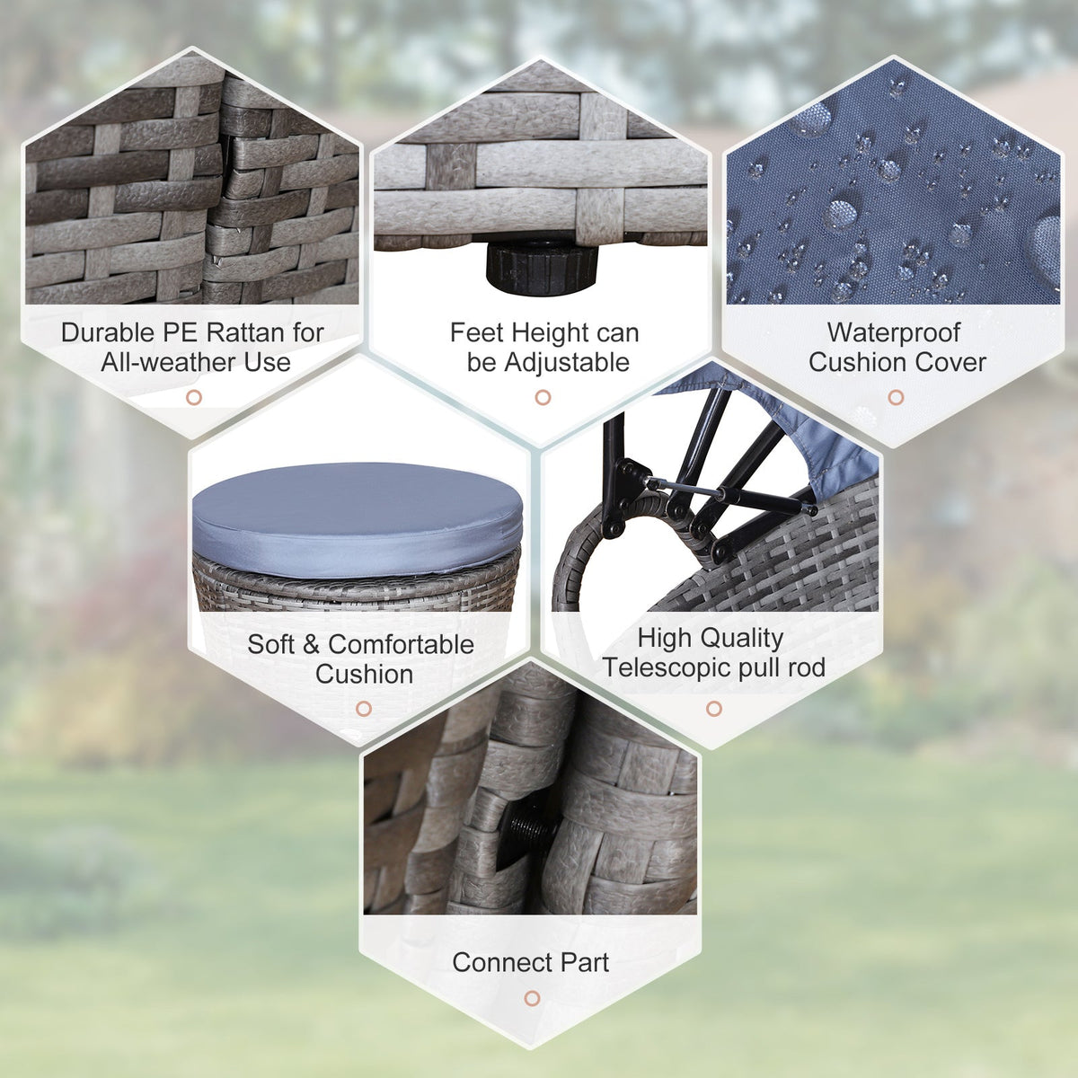Round PE Rattan Daybed Set with Retractable Canopy, Table & Pillows, Grey/Blue Grey — product view 6