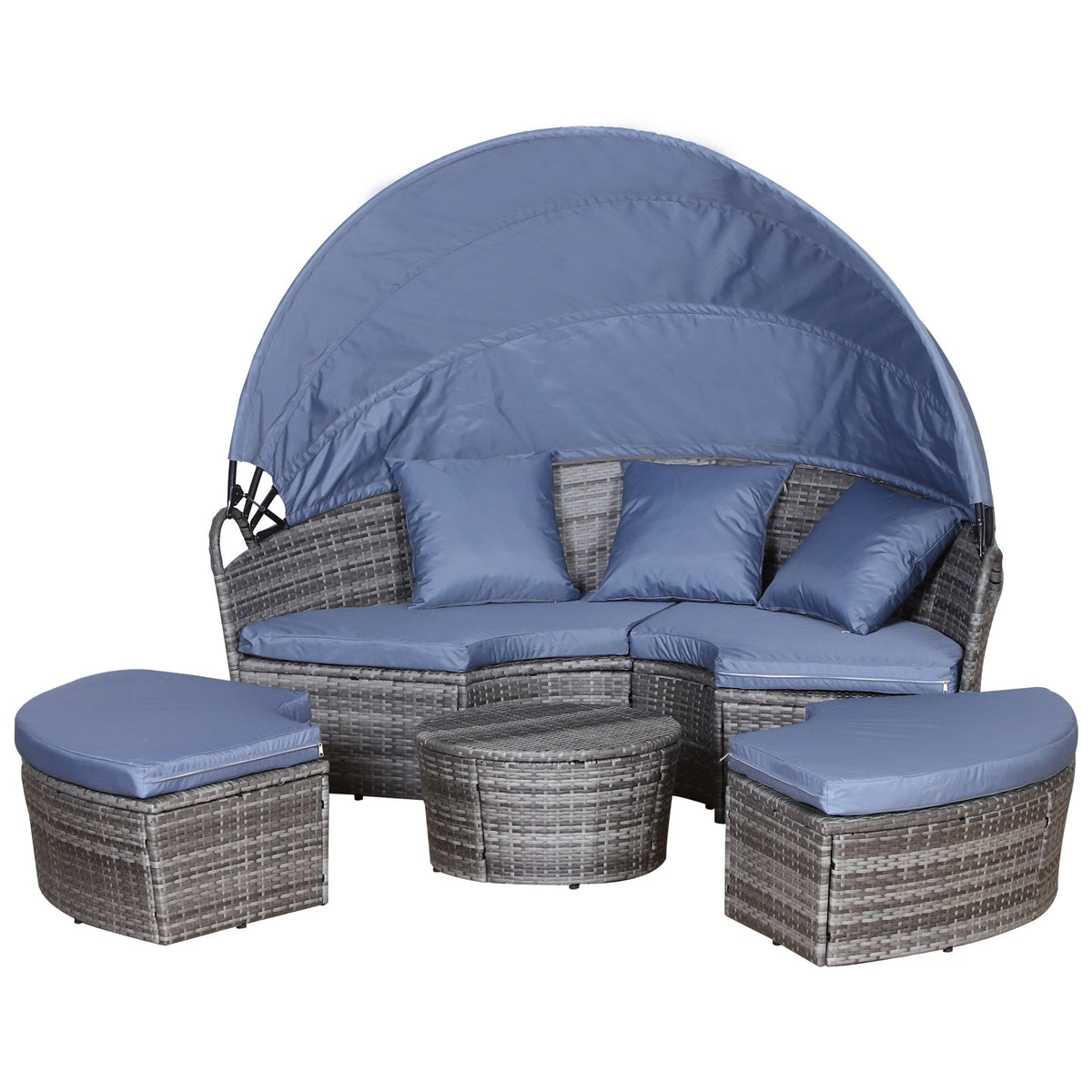 Round PE Rattan Daybed Set with Retractable Canopy, Table & Pillows, Grey/Blue Grey — product view 2