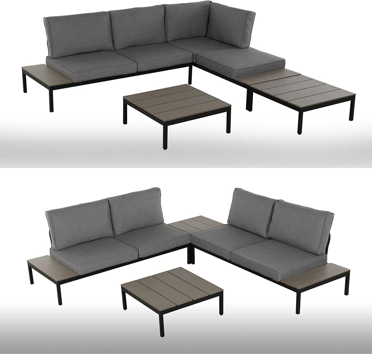 LOUNGE YARD Outdoor Sectional Sofa Set, Aluminum Frame Conversation Set with Cushion & Woodgrain Built-in Side Coffee Table, 4-Piece Modern Furniture Set for Poolside, Backyard, Deck, Gray — product view 4