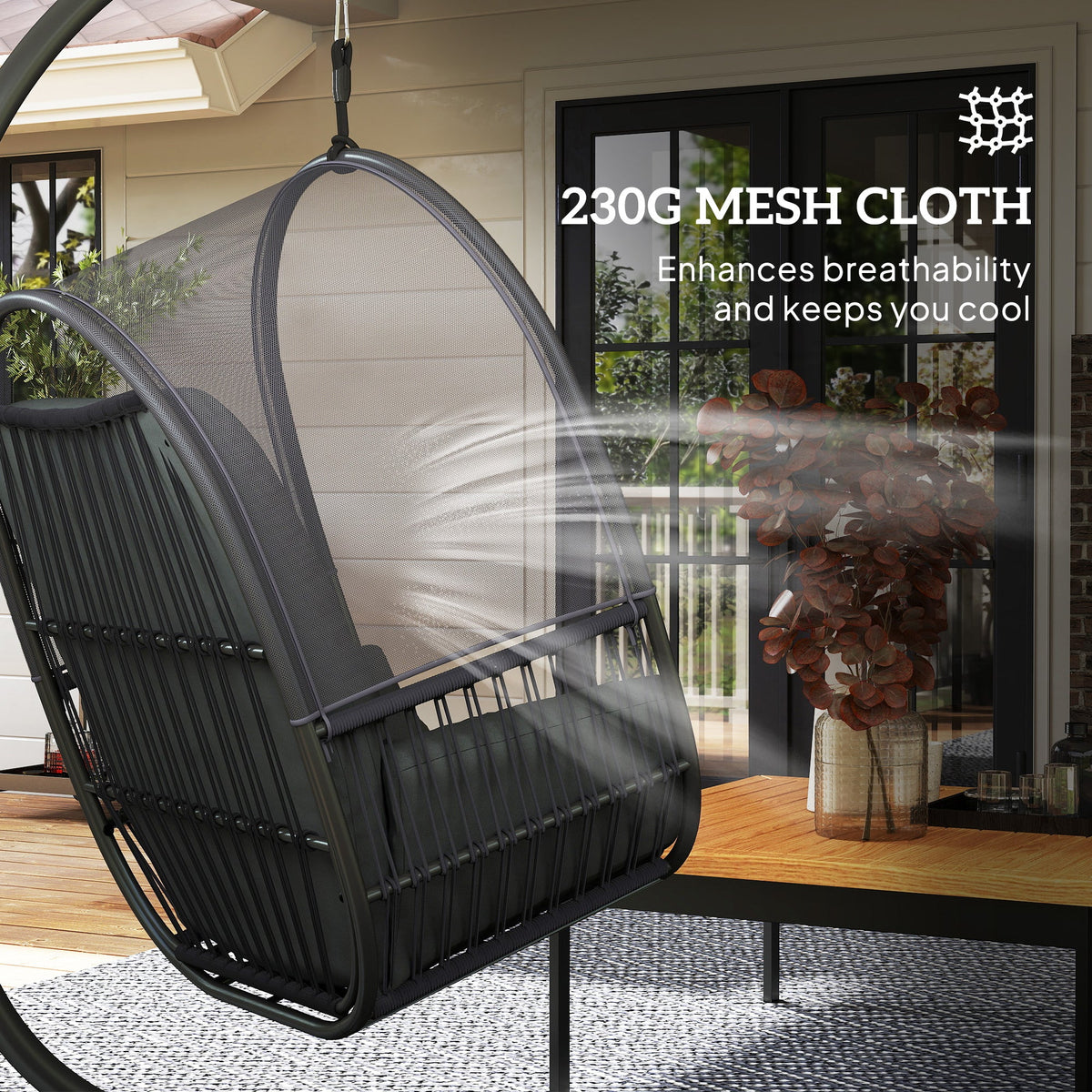 Hanging Egg Chair with Stand, Cushions & Lumbar Pillow, Dark Grey — product view 6