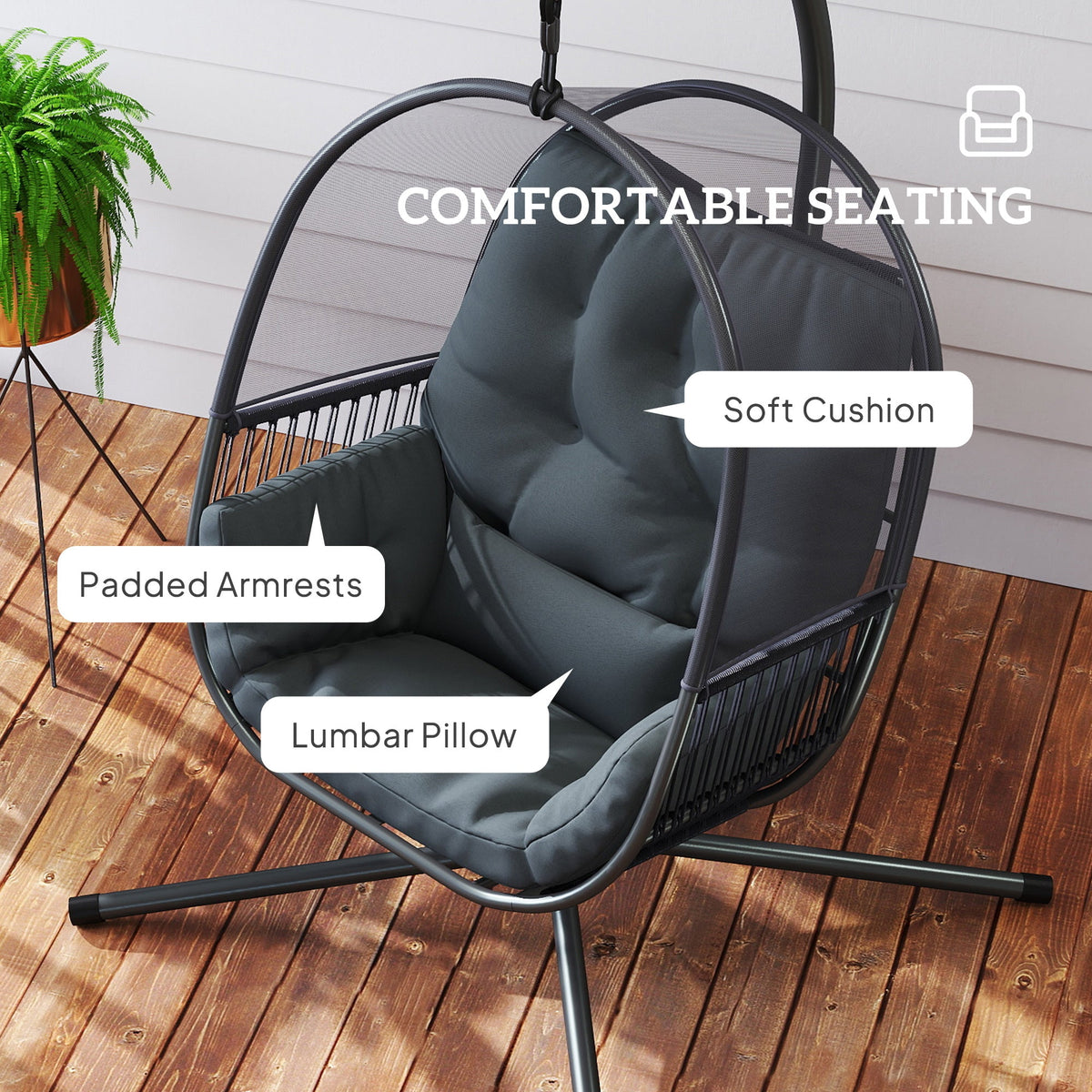 Hanging Egg Chair with Stand, Cushions & Lumbar Pillow, Dark Grey — product view 7
