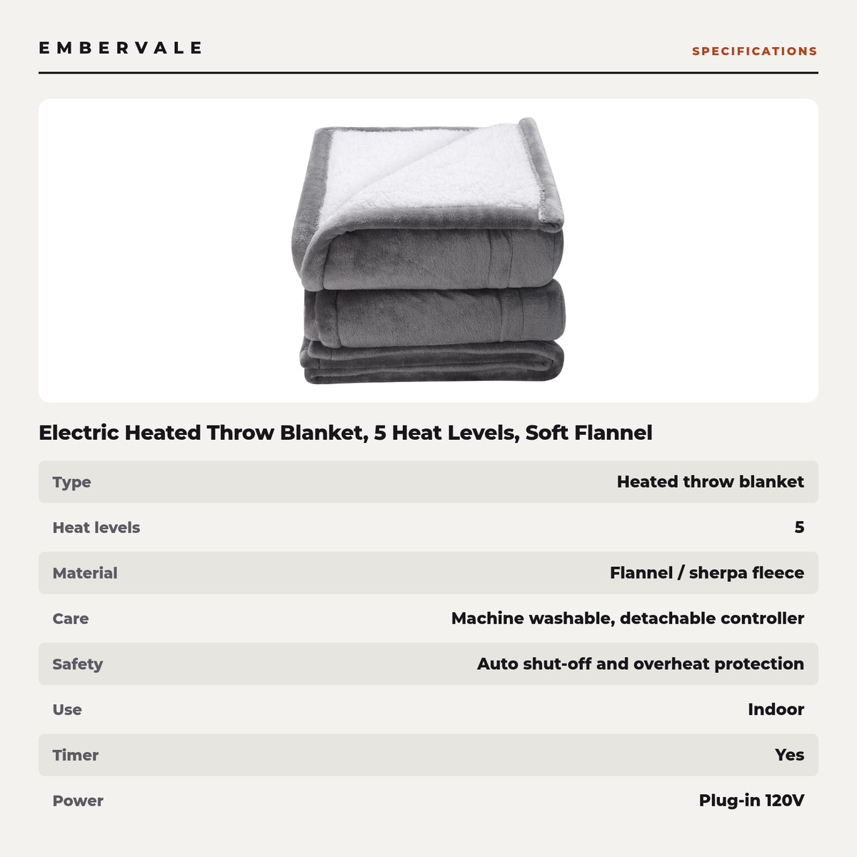 Electric Heated Throw Blanket, 5 Heat Levels, Soft Flannel Sherpa, Auto Shut-Off and Overheat Protection for Sofa and Bed — product view 3