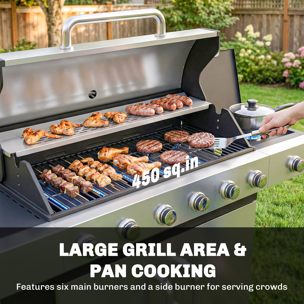6 Burner Propane Gas Grill with Side Burner, 63,000 BTU , Warming Rack & Cabinet — product view 6
