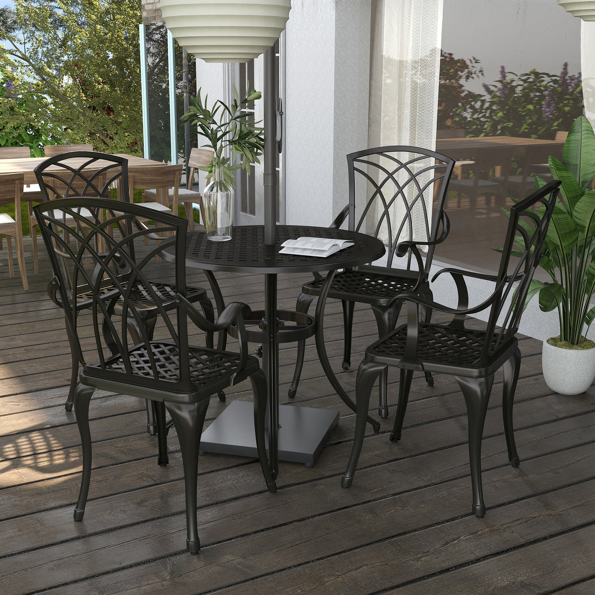 5 Piece Cast Aluminium Garden Dining Set with Parasol Hole, Brown — product view 4