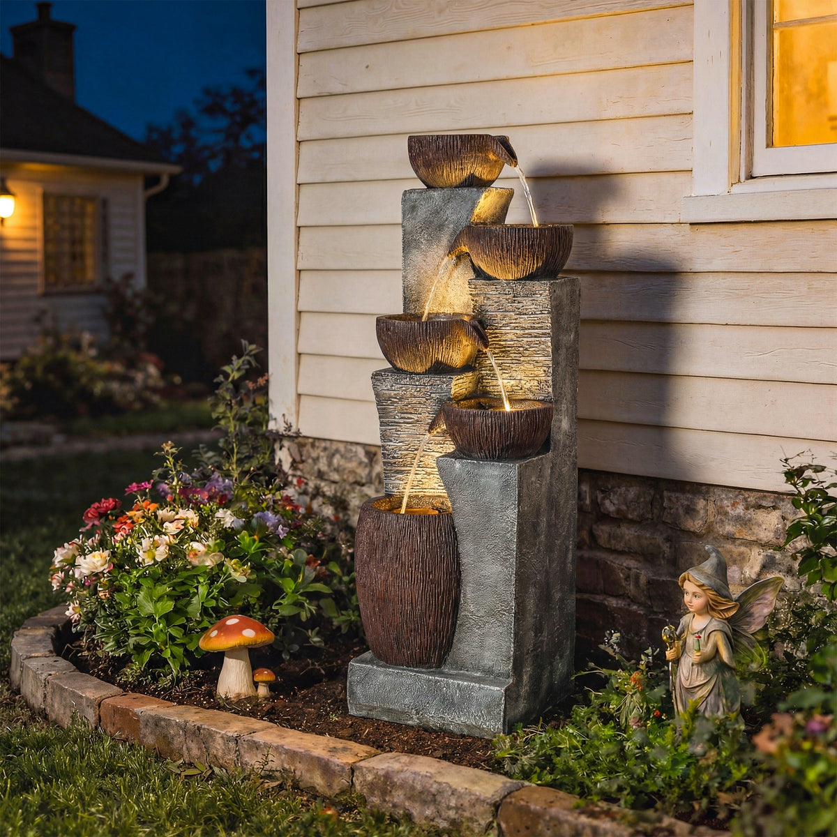 51.2" 5-Tier Water Fountain with LED Lights and Adjustable Flow, Gray/Brown — product view 3