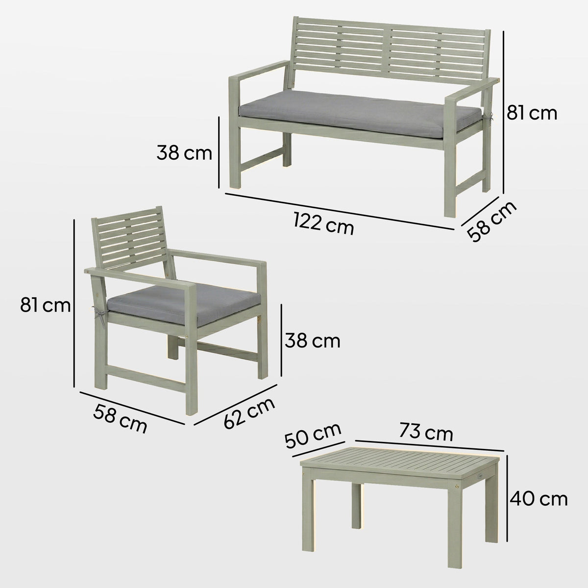 4-Seater Acacia Garden Set with Loveseat, 2 Chairs & Wood Table, Light Grey — product view 5