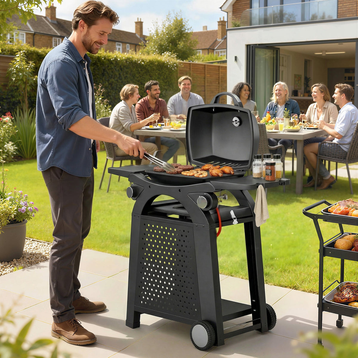2 Burner Gas Grill with Wheels, Side Tables and Cast Iron Grates, Black — product view 3