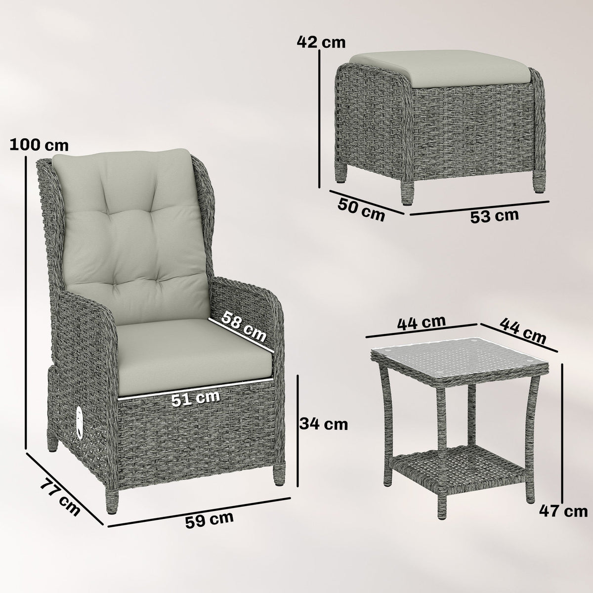 5 Piece Rattan Reclining Chair Set with Footstool and Glass Table, Cream White — product view 5