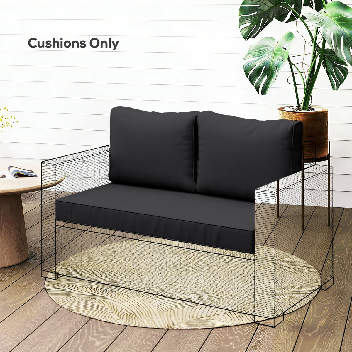 2 Seater Outdoor Seat Cushions with Backrest, Black — product view 3