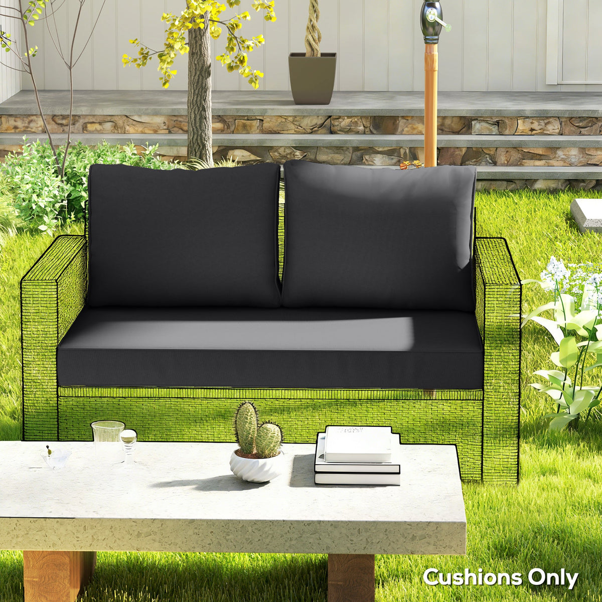 2 Seater Outdoor Seat Cushions with Backrest, Black — product view 4