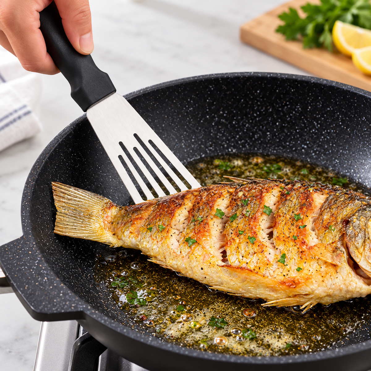 Slotted Stainless Steel Fish Turner Spatula with Thin Flexible Blade LoungeYard — product view 1