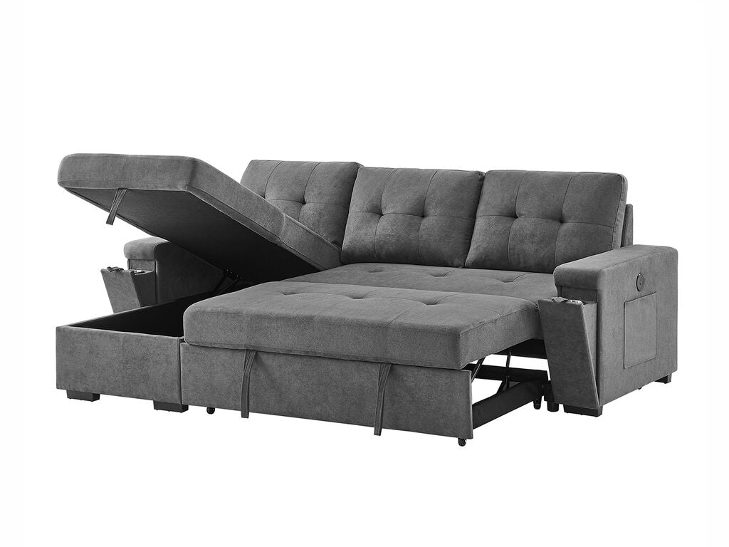81395GY Toby Grey Woven Fabric Convertible Sectional Sofa with Pop-Up Sleep Area, Storage Chaise & USB Charging — product view 4
