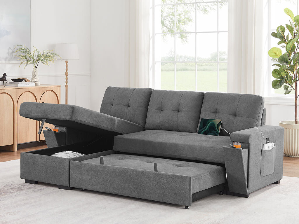 81395GY Toby Grey Woven Fabric Convertible Sectional Sofa with Pop-Up Sleep Area, Storage Chaise & USB Charging — product view 2