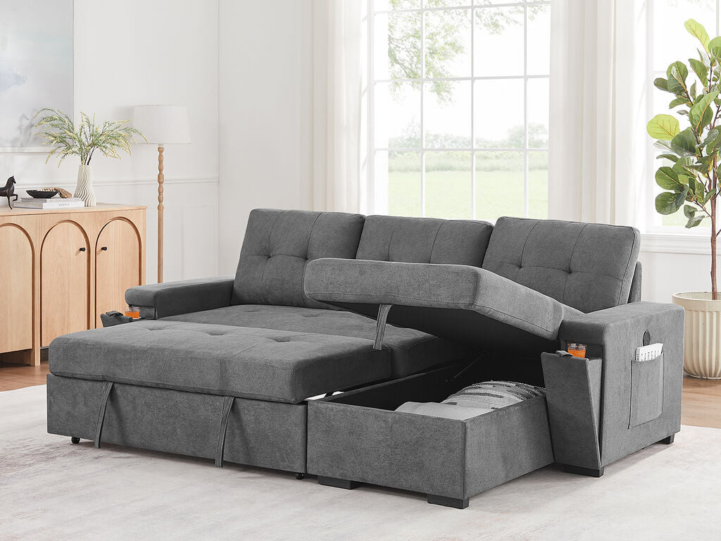 81395GY Toby Grey Woven Fabric Convertible Sectional Sofa with Pop-Up Sleep Area, Storage Chaise & USB Charging — product view 3