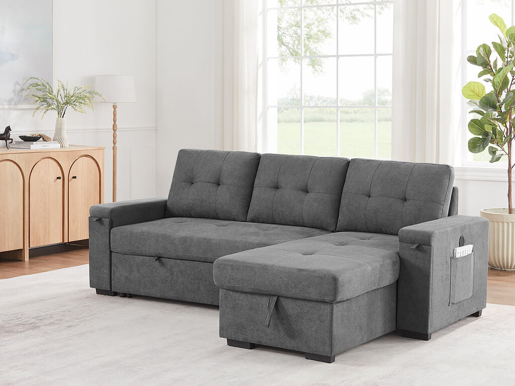 81395GY Toby Grey Woven Fabric Convertible Sectional Sofa with Pop-Up Sleep Area, Storage Chaise & USB Charging — product view 6