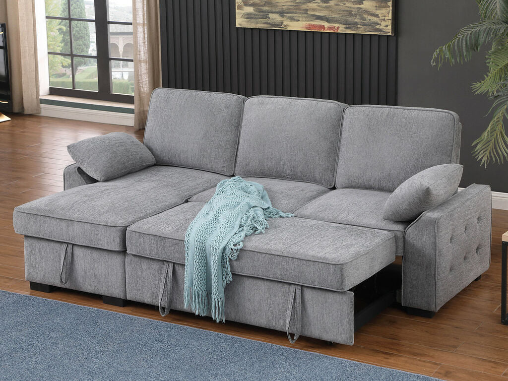 81441 Mackenzie Light Grey Chenille Fabric Convertible Sectional Sofa with Pop-Up Sleep Area, Storage Chaise & USB Charging — product view 1