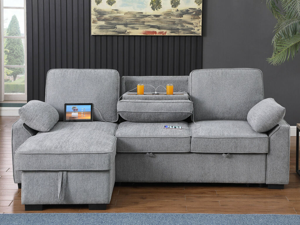 81441 Mackenzie Light Grey Chenille Fabric Convertible Sectional Sofa with Pop-Up Sleep Area, Storage Chaise & USB Charging — product view 3