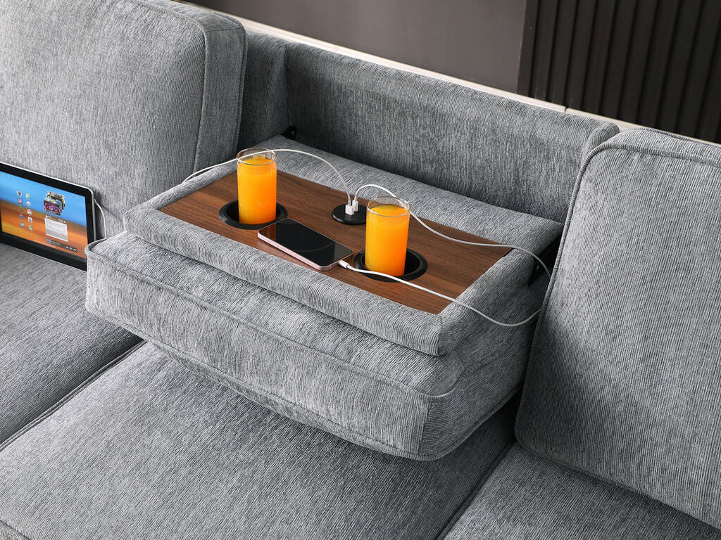 81441 Mackenzie Light Grey Chenille Fabric Convertible Sectional Sofa with Pop-Up Sleep Area, Storage Chaise & USB Charging — product view 6