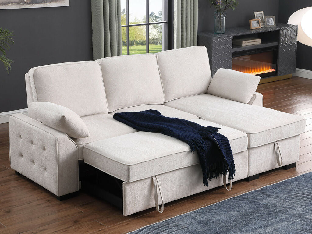 81442 Mackenzie Beige Chenille Fabric Convertible Sectional Sofa with Pop-Up Sleep Area, Storage Chaise & USB Charging — product view 3