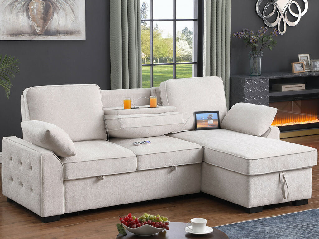 81442 Mackenzie Beige Chenille Fabric Convertible Sectional Sofa with Pop-Up Sleep Area, Storage Chaise & USB Charging — product view 6