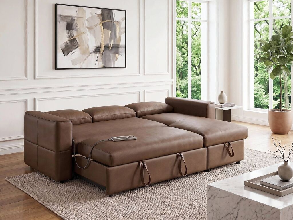 George 95" Caramel Performance Fabric Convertible Sleeper Sectional with Storage Chaise & USB Charging – 81567 — product view 3