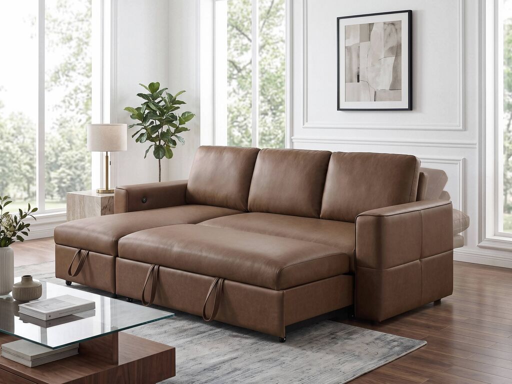 George 95" Caramel Performance Fabric Convertible Sleeper Sectional with Storage Chaise & USB Charging – 81567 — product view 7