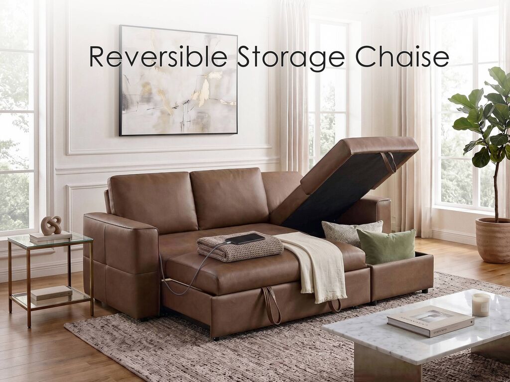 George 95" Caramel Performance Fabric Convertible Sleeper Sectional with Storage Chaise & USB Charging – 81567 — product view 2