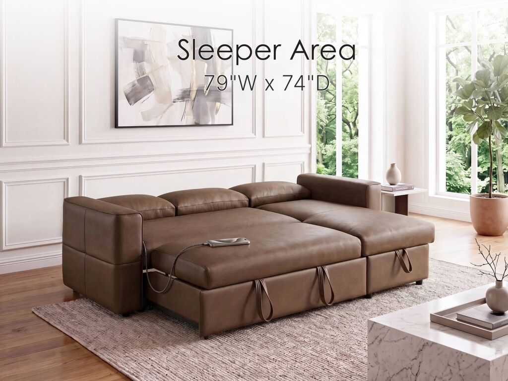 George 95" Caramel Performance Fabric Convertible Sleeper Sectional with Storage Chaise & USB Charging – 81567 — product view 6