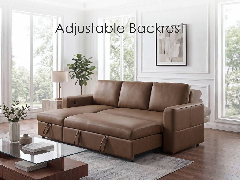George 95" Caramel Performance Fabric Convertible Sleeper Sectional with Storage Chaise & USB Charging – 81567 — product view 5