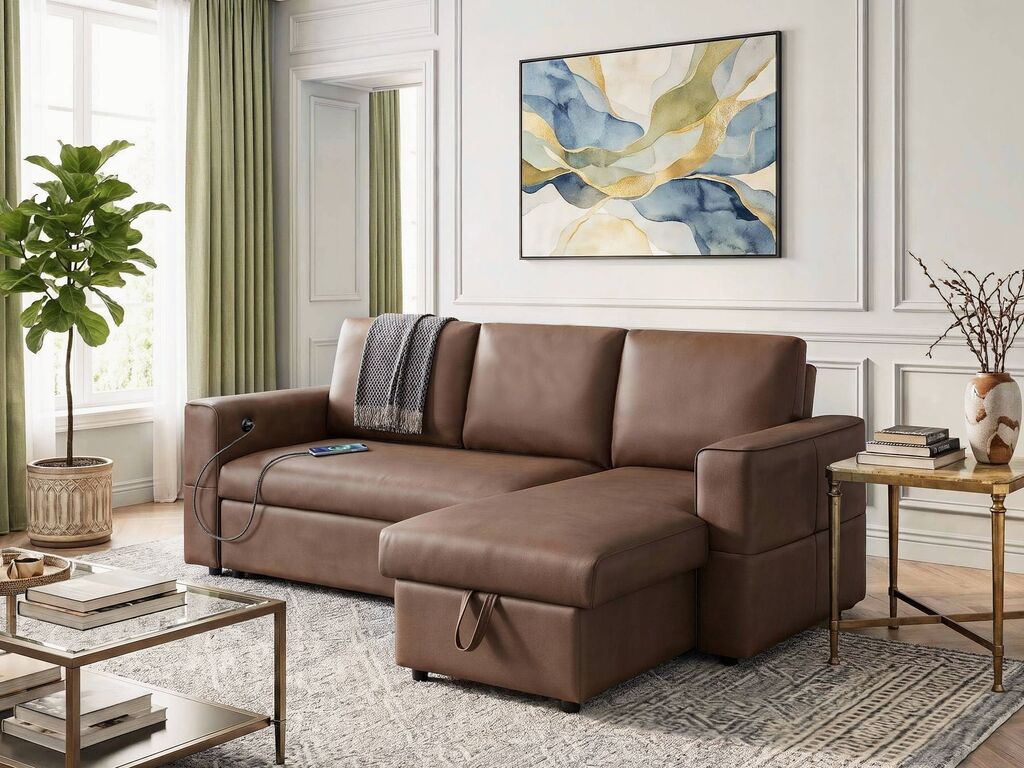 George 95" Caramel Performance Fabric Convertible Sleeper Sectional with Storage Chaise & USB Charging – 81567 — product view 1