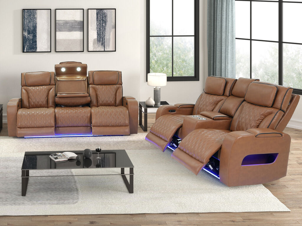 81639-SL Jazz Fortuner 2-Piece Light Brown Faux Leather Power Motion Sofa & Loveseat with Wireless Charging & LED — product view 2