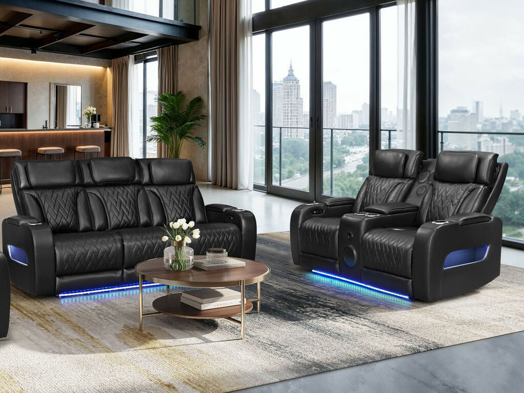 81640-SL Jazz Fortuner 2-Piece Black Faux Leather Power Motion Sofa & Loveseat with Wireless Charging & LED — product view 2