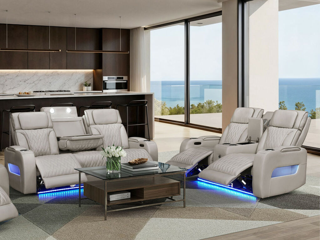 81641-SL Jazz Fortuner 2-Piece Ice Faux Leather Power Motion Sofa & Loveseat with Wireless Charging & LED — product view 1