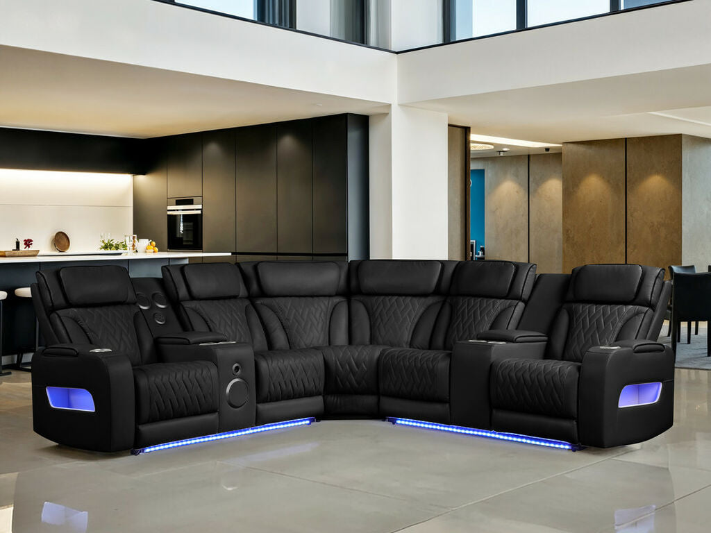 Jazz Fortuner Black Faux Leather 3-Piece Power Motion Sectional Sofa with LED, Wireless Charging & Bluetooth – 81642 — product view 1